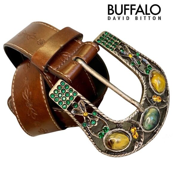 𝅺BUFFALO David Bitton green yellow Rhinestone Gem Embellished brown leather belt - Picture 1 of 9